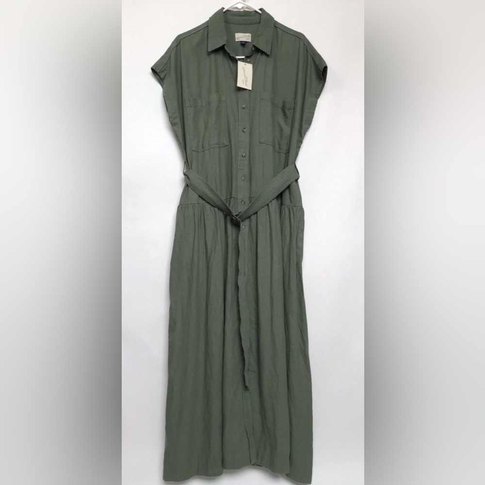 Universal Thread Green Button-Front MidiShirt Dress w/Belt Women’s Size XL Linen - Picture 2 of 6